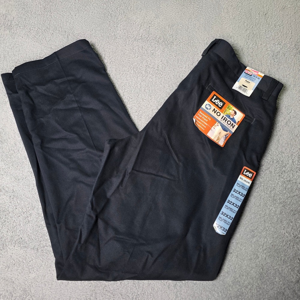 Lee Mens 32x32 Relaxed Fit Flat Front Pants Navy Blue No Iron Chinos 4185508